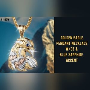 Golden Eagle Head pendant necklace w/CZ's & blue sapphire..FATHERS DAY!